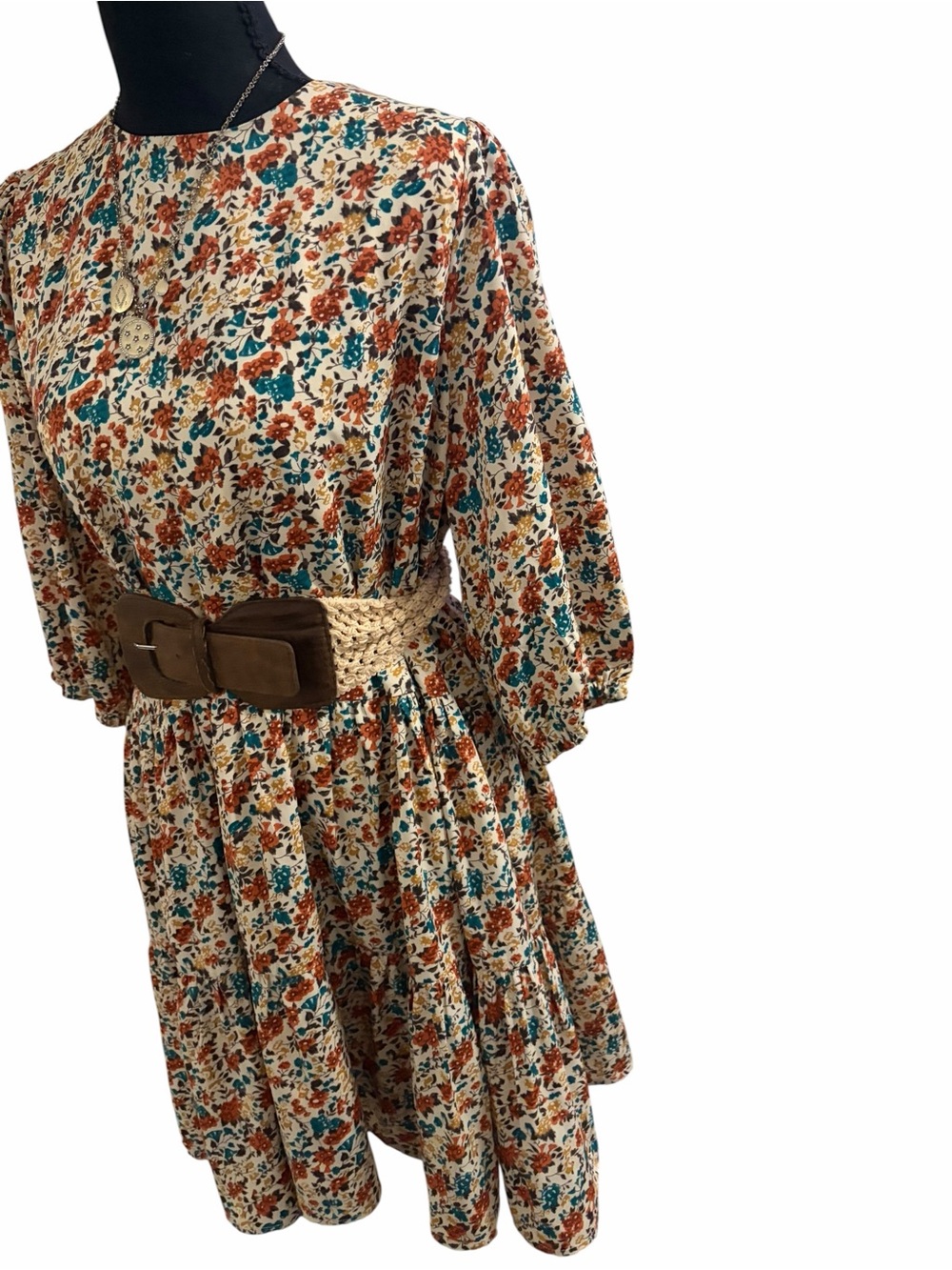 Pink Lily Cream Floral Dress with Rust and Teal Accents - Picture 4 of 7